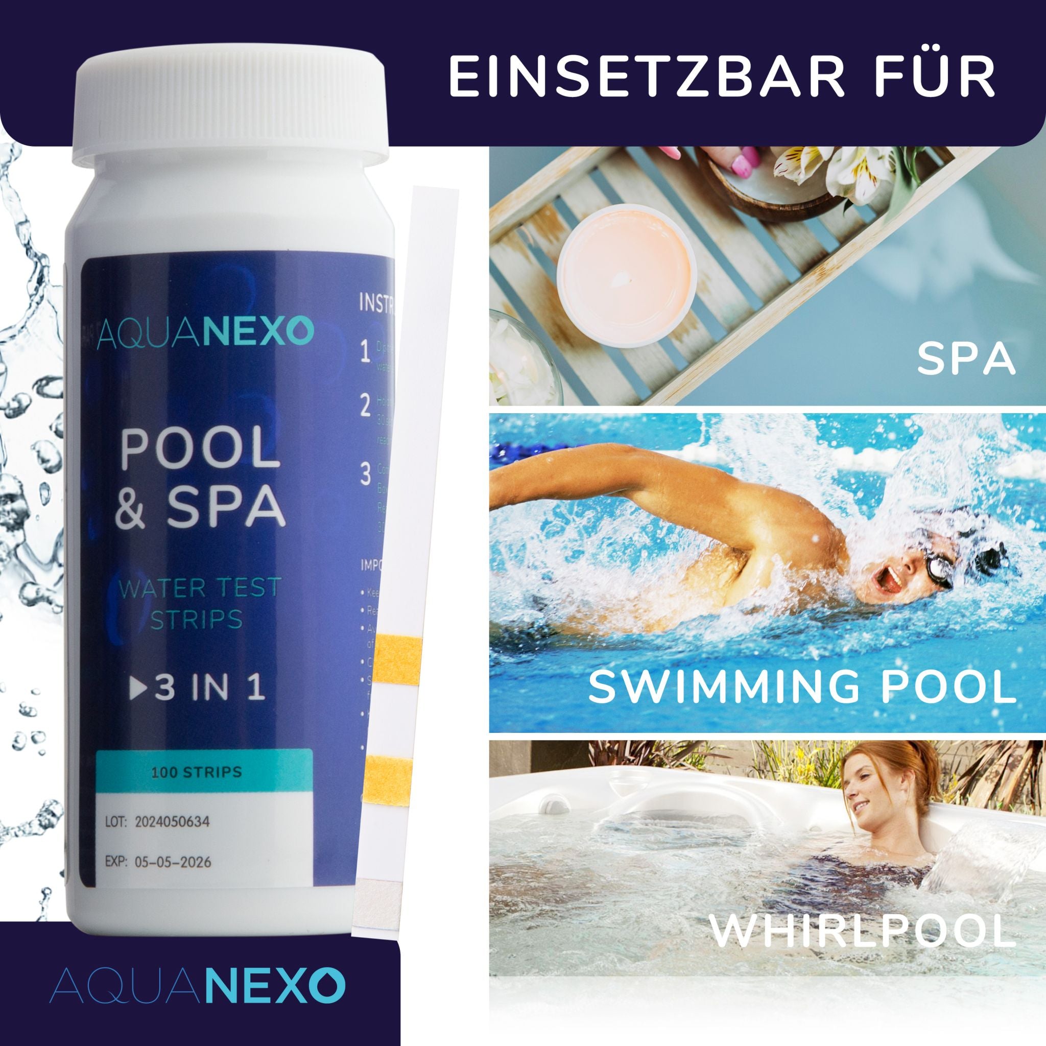 Einsetzbar für Spa, Swimming Pool und Whirlpool – Aquanexo Pool Teststreifen