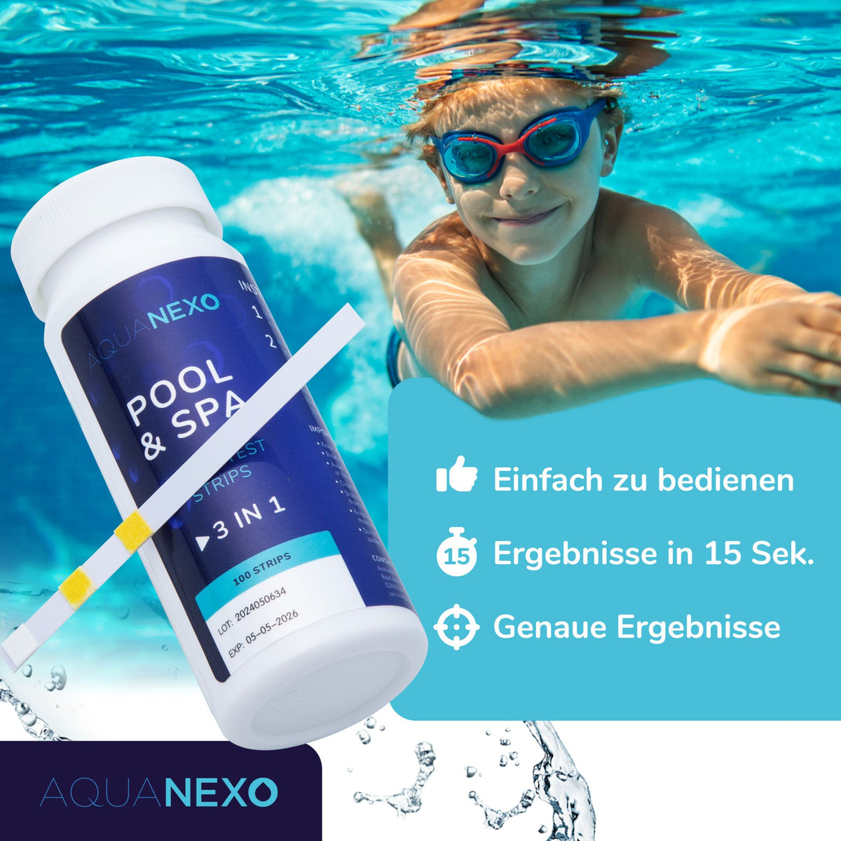 Aquanexo 3-in-1 Pool Teststreifen – einfach zu bedienen, Ergebnis in 15 Sekunden