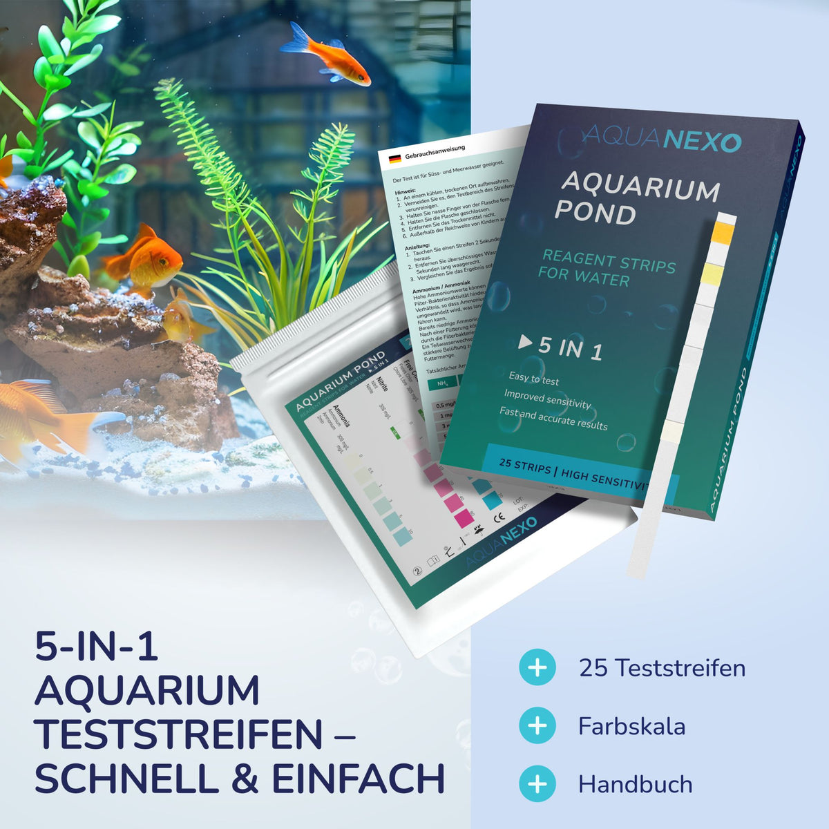 5-in-1 Aquarium Teststreifen Set mit 25 Streifen, Farbskala und Handbuch