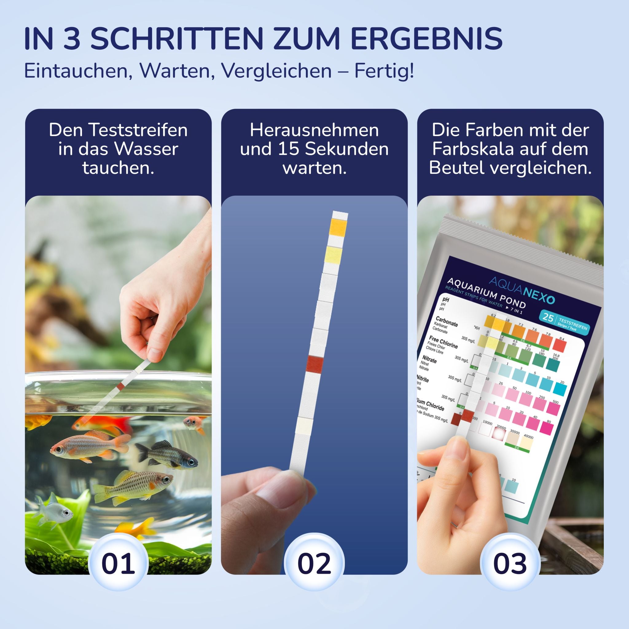 In 3 Schritten zum Ergebnis: eintauchen, warten, mit Farbskala vergleichen