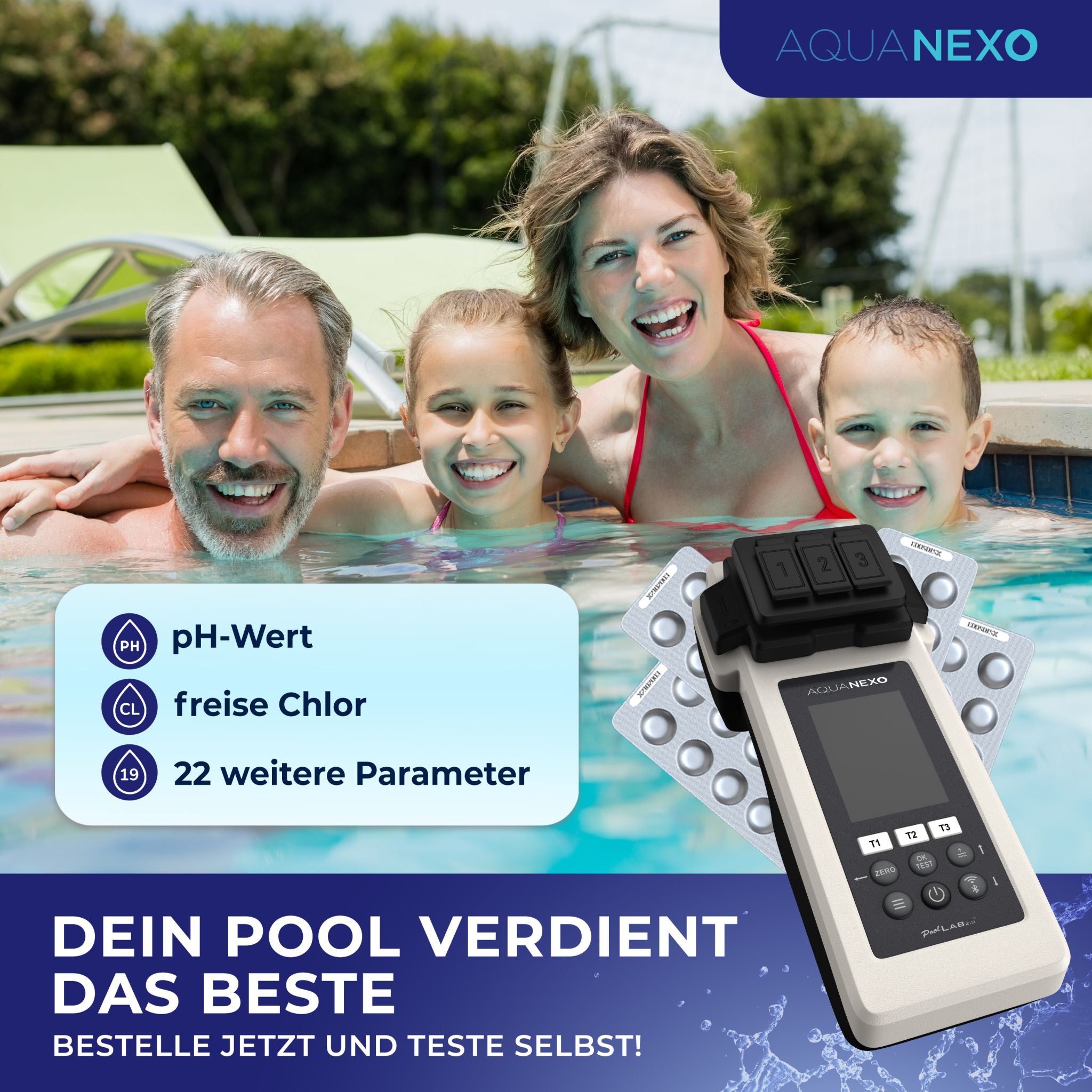 Familie im Pool – PoolLab 2.0 misst pH, freies Chlor und 22 weitere Parameter