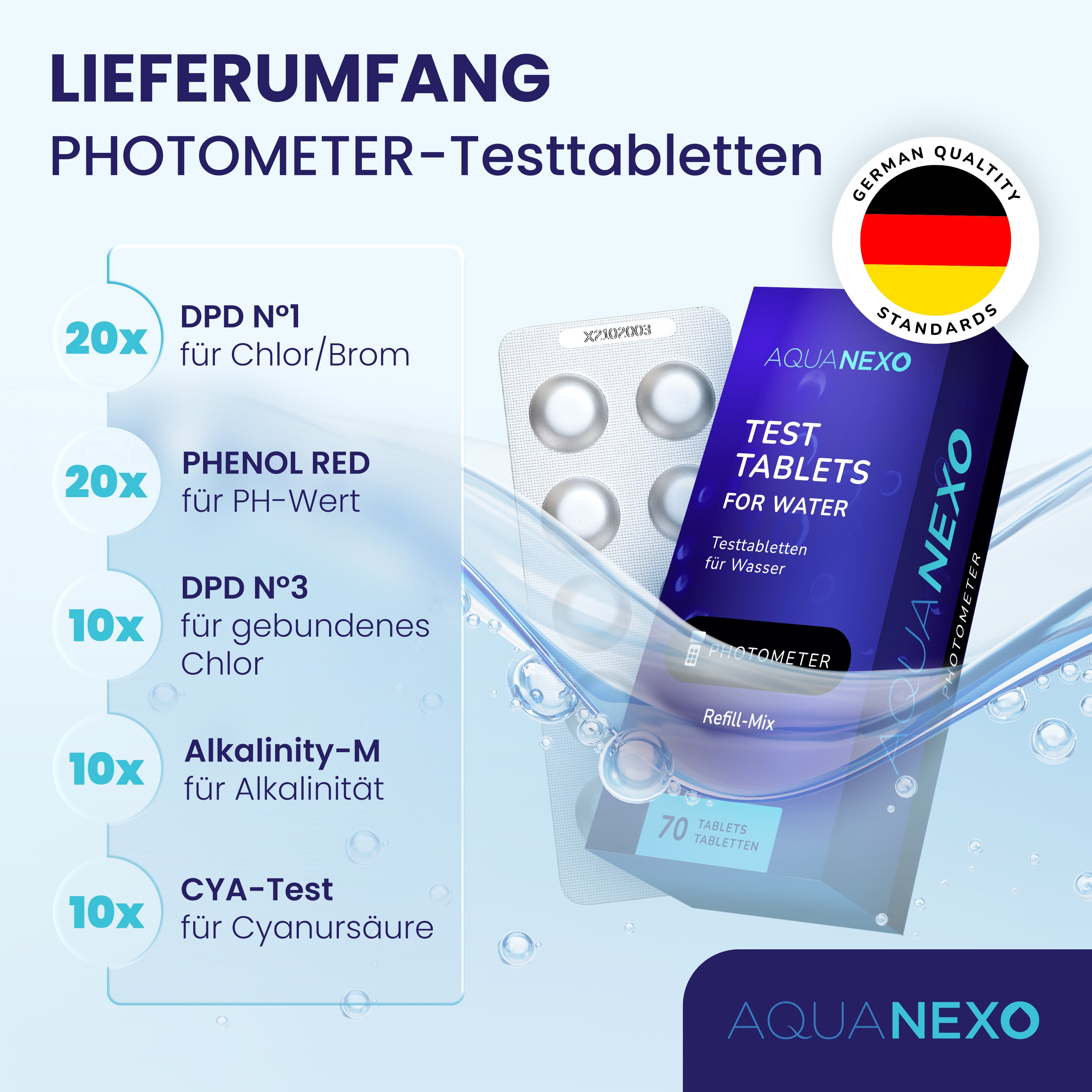 Lieferumfang: 20x DPD N°1, 20x Phenol Red, 10x DPD N°3, 10x Alkalinity-M, 10x CYA-Test