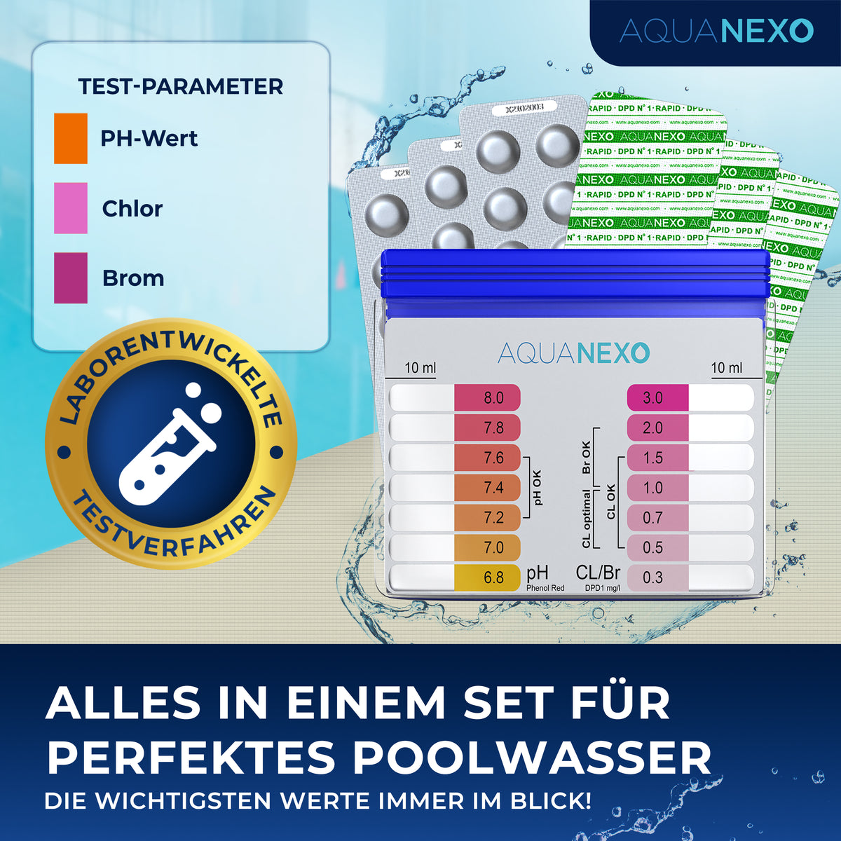 Alles in einem Set für perfektes Poolwasser – Test-Parameter pH-Wert, Chlor, Brom