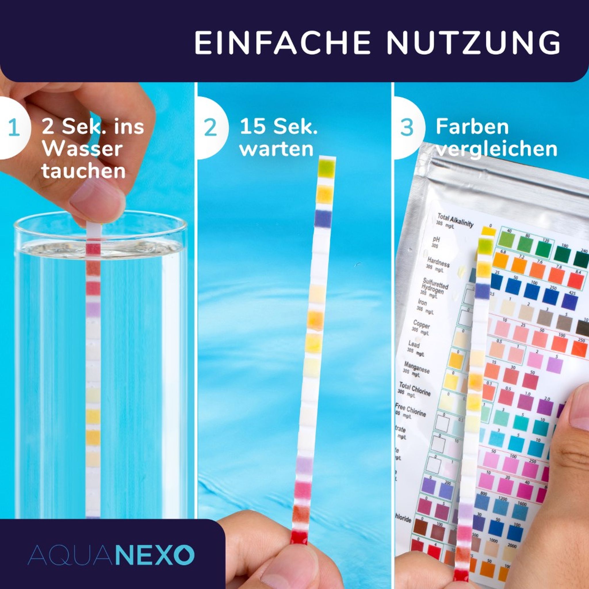 Einfache Nutzung: 2 Sekunden eintauchen, 15 Sekunden warten, Farben vergleichen