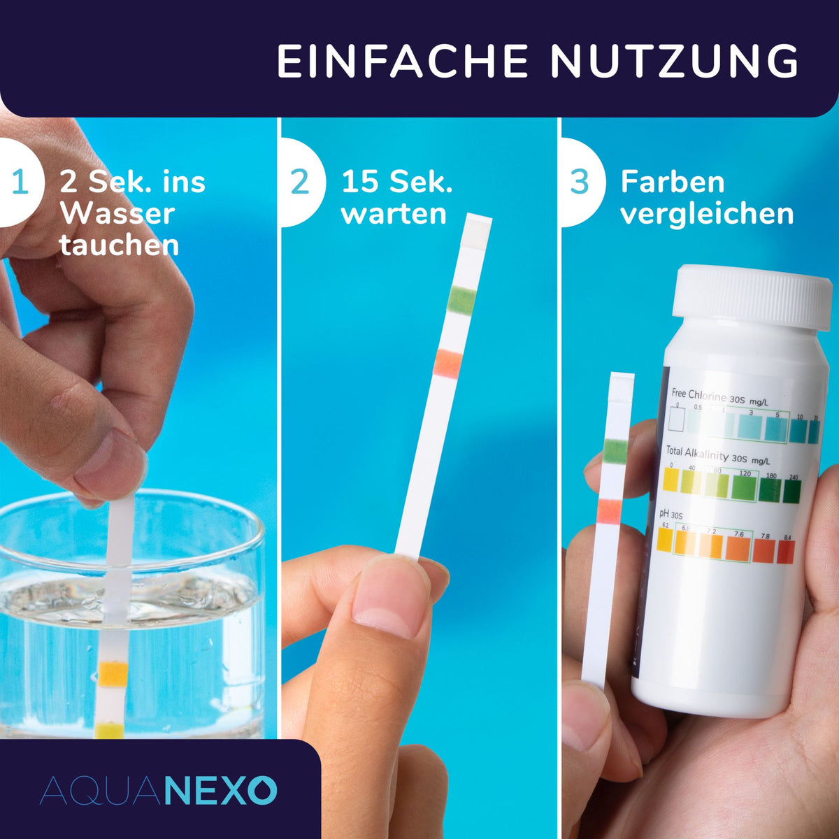 Anwendung in 3 Schritten: 2 Sekunden eintauchen, 15 Sekunden warten, Farben vergleichen