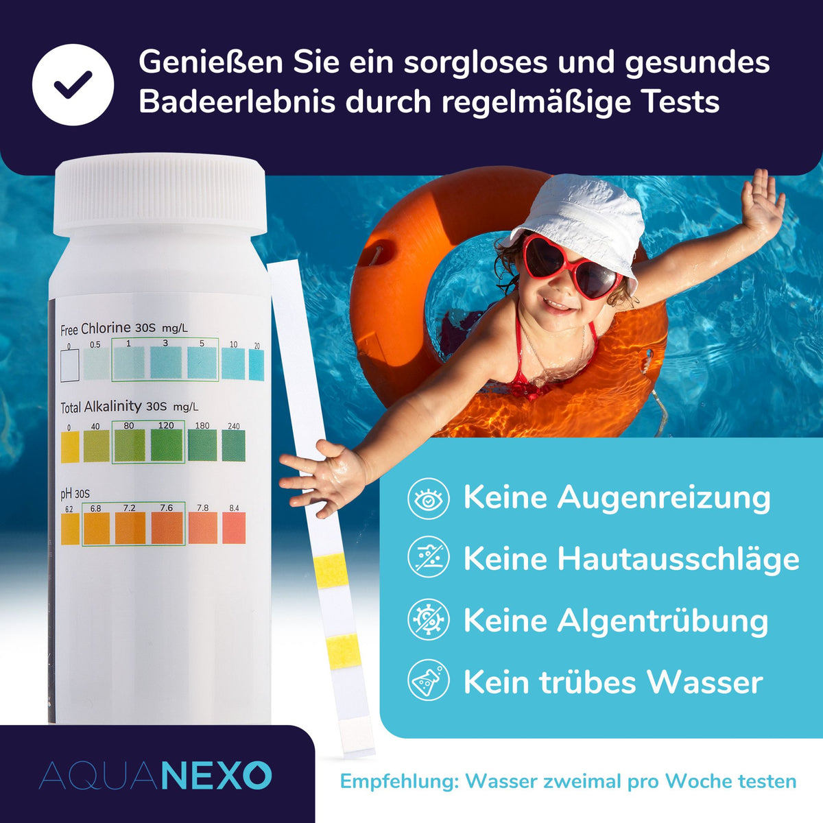 Regelmäßige Pooltests gegen Augenreizung, Hautausschläge, Algentrübung und trübes Wasser