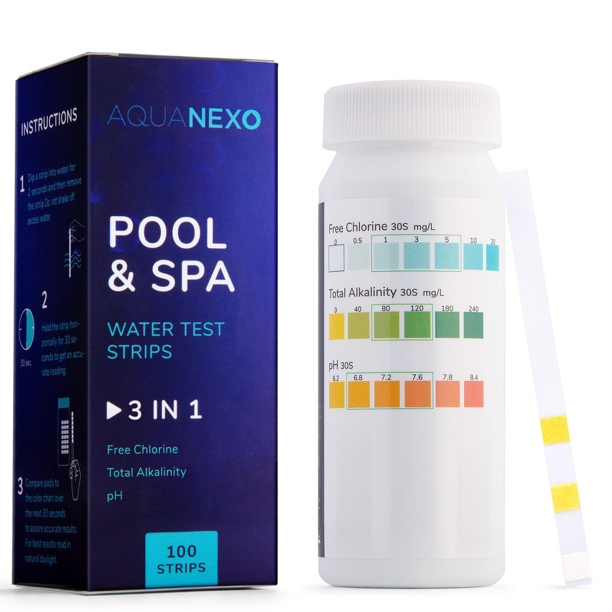 Aquanexo 3-in-1 Pool Teststreifen – Dose mit 100 Streifen und Verpackung