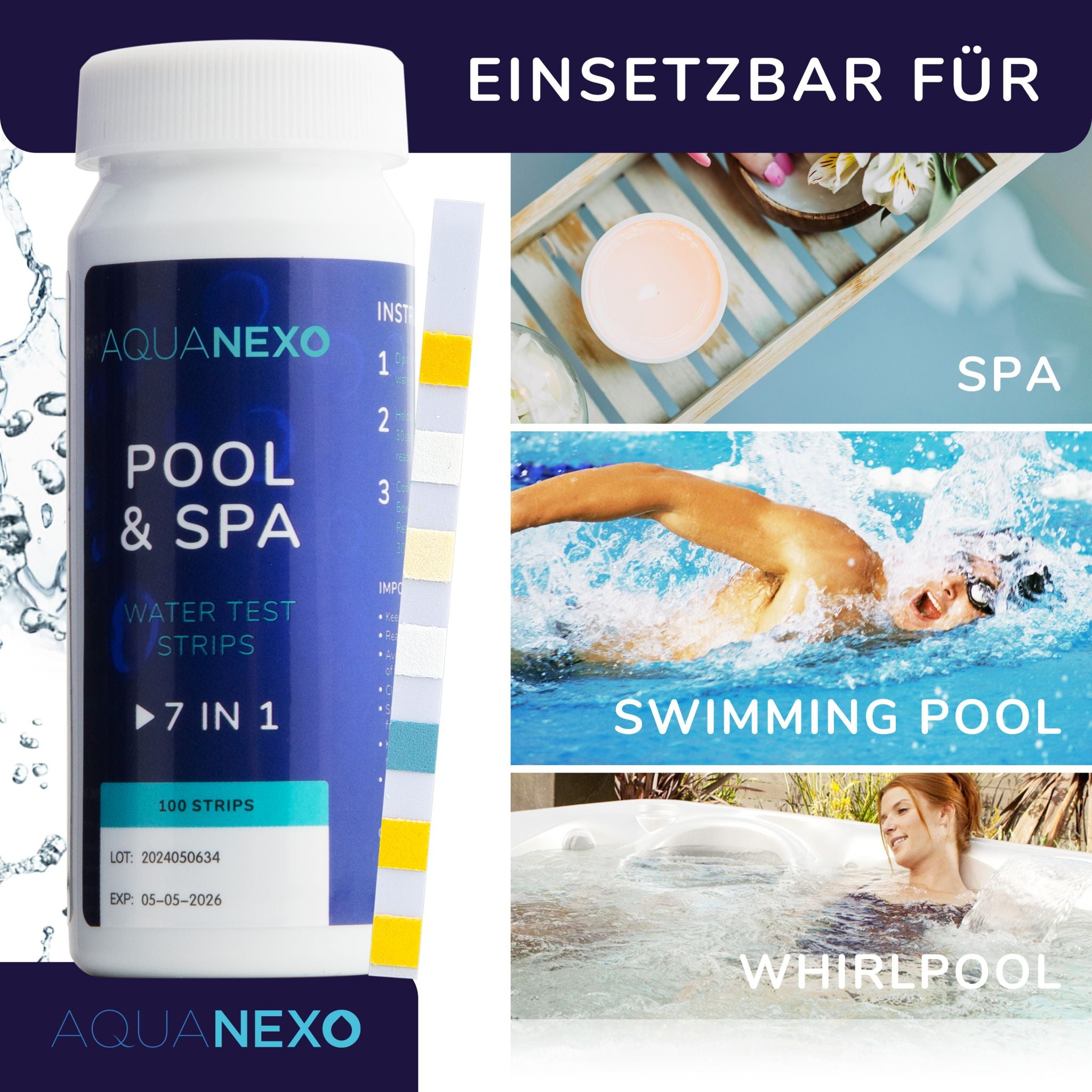 Einsetzbar für Spa, Swimming Pool und Whirlpool – Aquanexo Pool Teststreifen