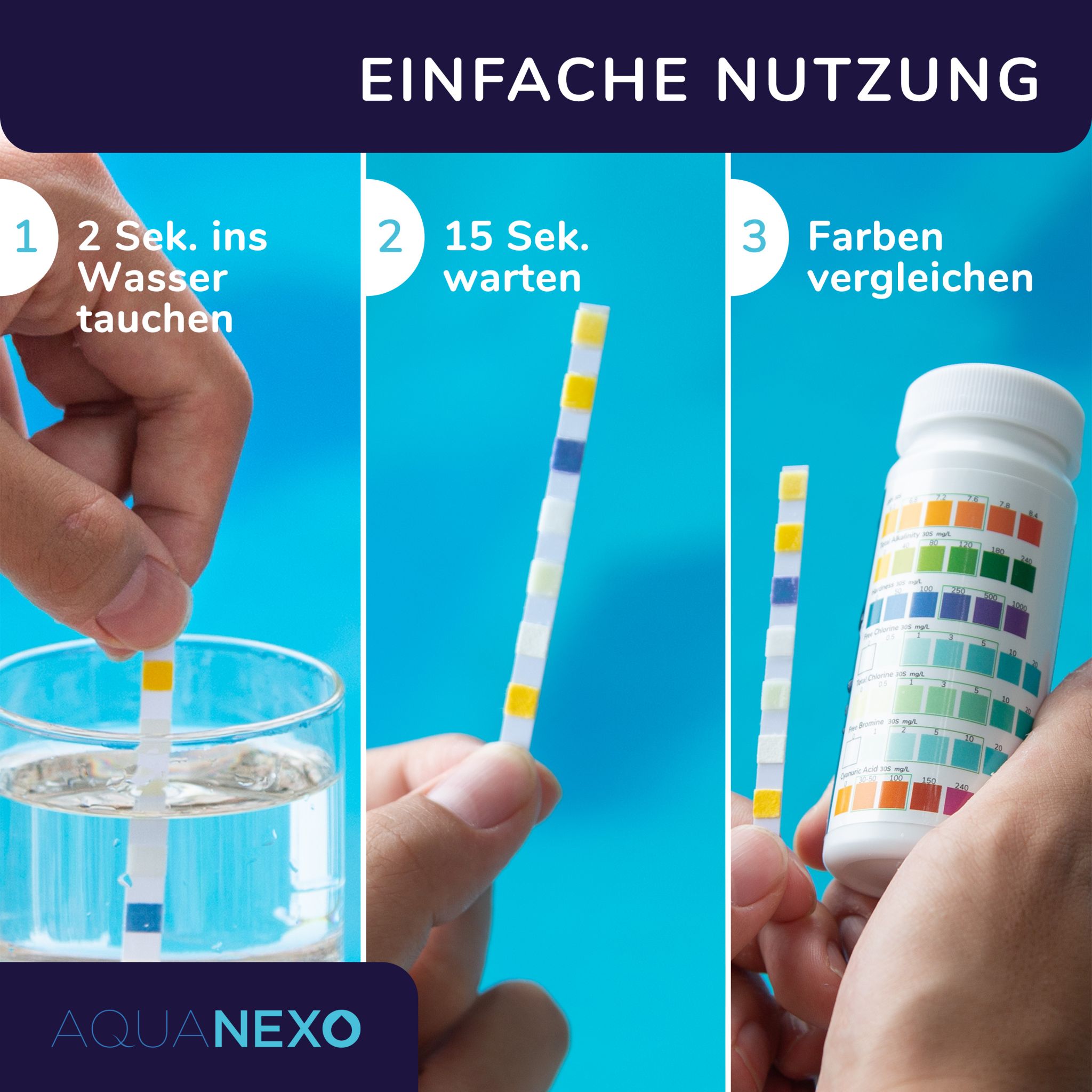 Anwendung in 3 Schritten: 2 Sekunden eintauchen, 15 Sekunden warten, Farben vergleichen