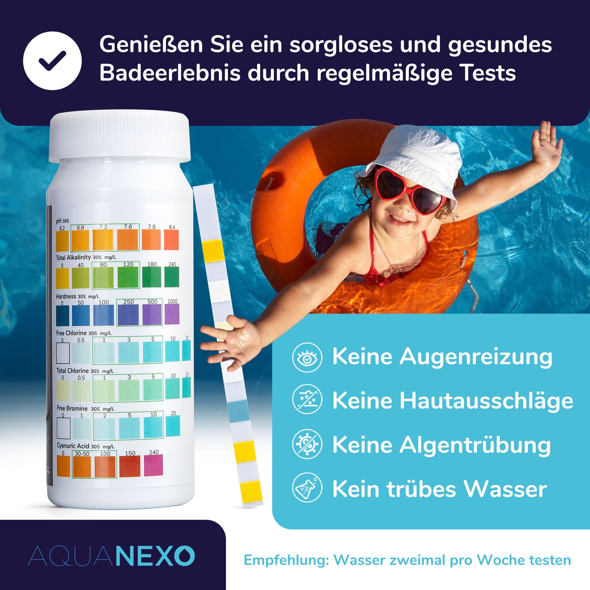 Regelmäßige Pooltests gegen Augenreizung, Hautausschläge, Algentrübung und trübes Wasser