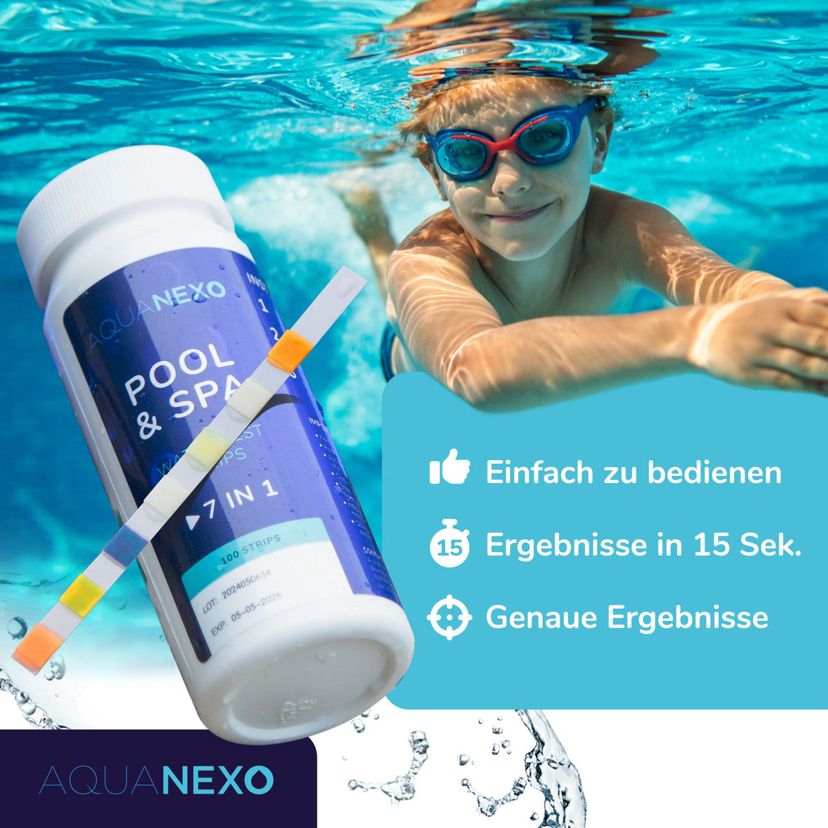 Aquanexo 7-in-1 Pool Teststreifen – einfach zu bedienen, Ergebnis in 15 Sekunden