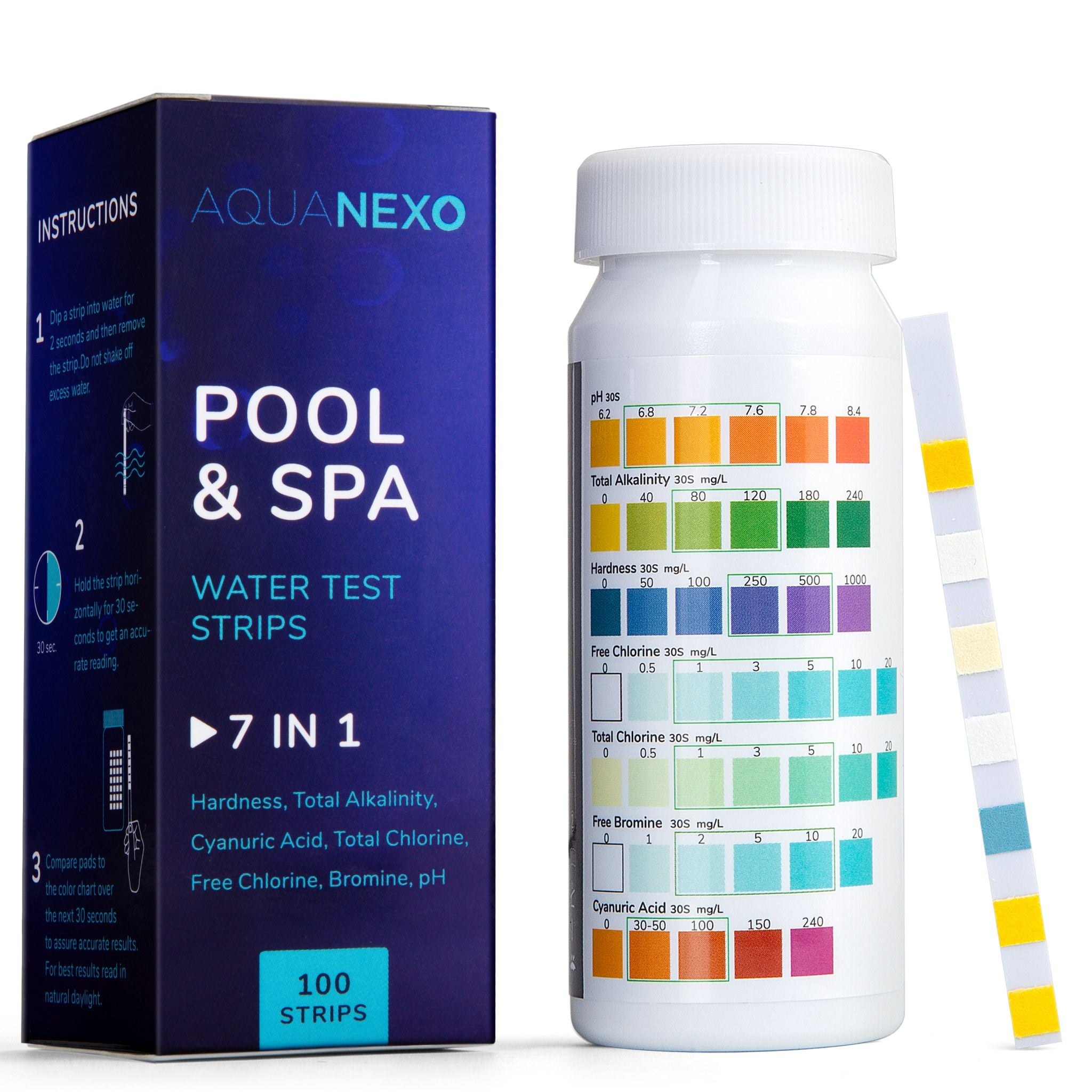 Aquanexo 7-in-1 Pool Teststreifen – Dose mit 100 Streifen und Verpackung
