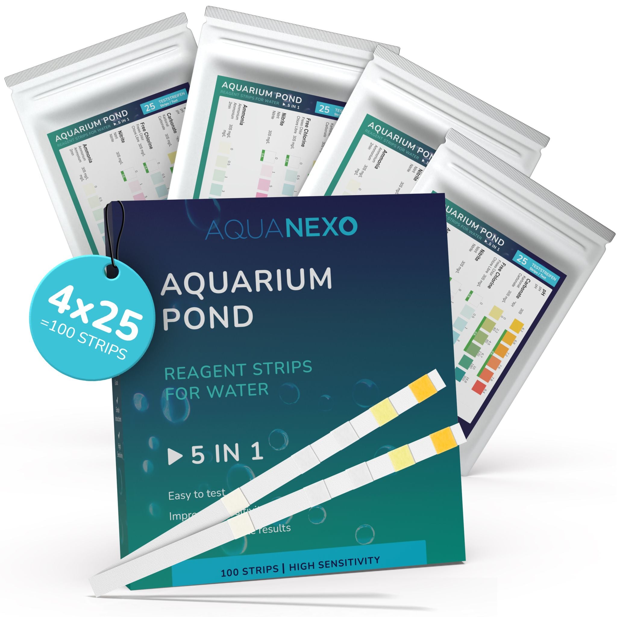 Aquanexo 5-in-1 Aquarium Teststreifen – 4x25 Streifen Packung
