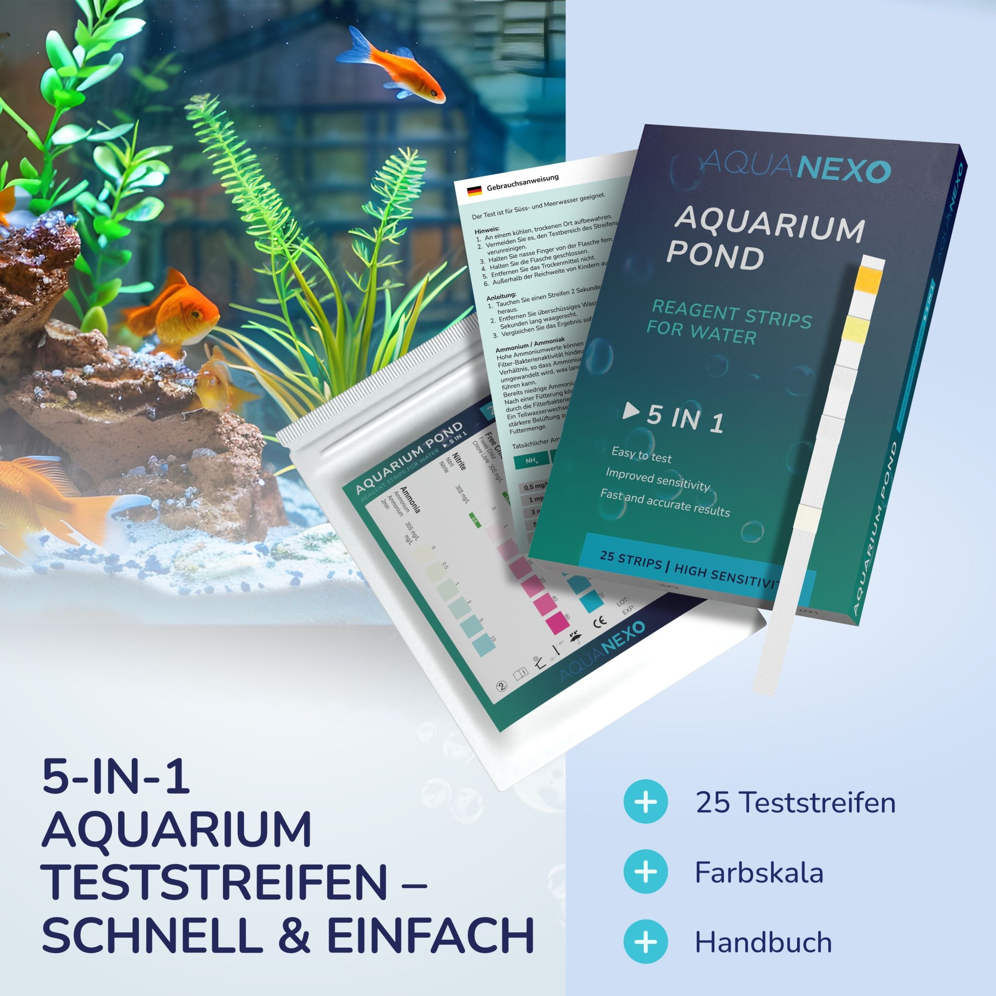 5-in-1 Aquarium Teststreifen Set mit 25 Streifen, Farbskala und Handbuch
