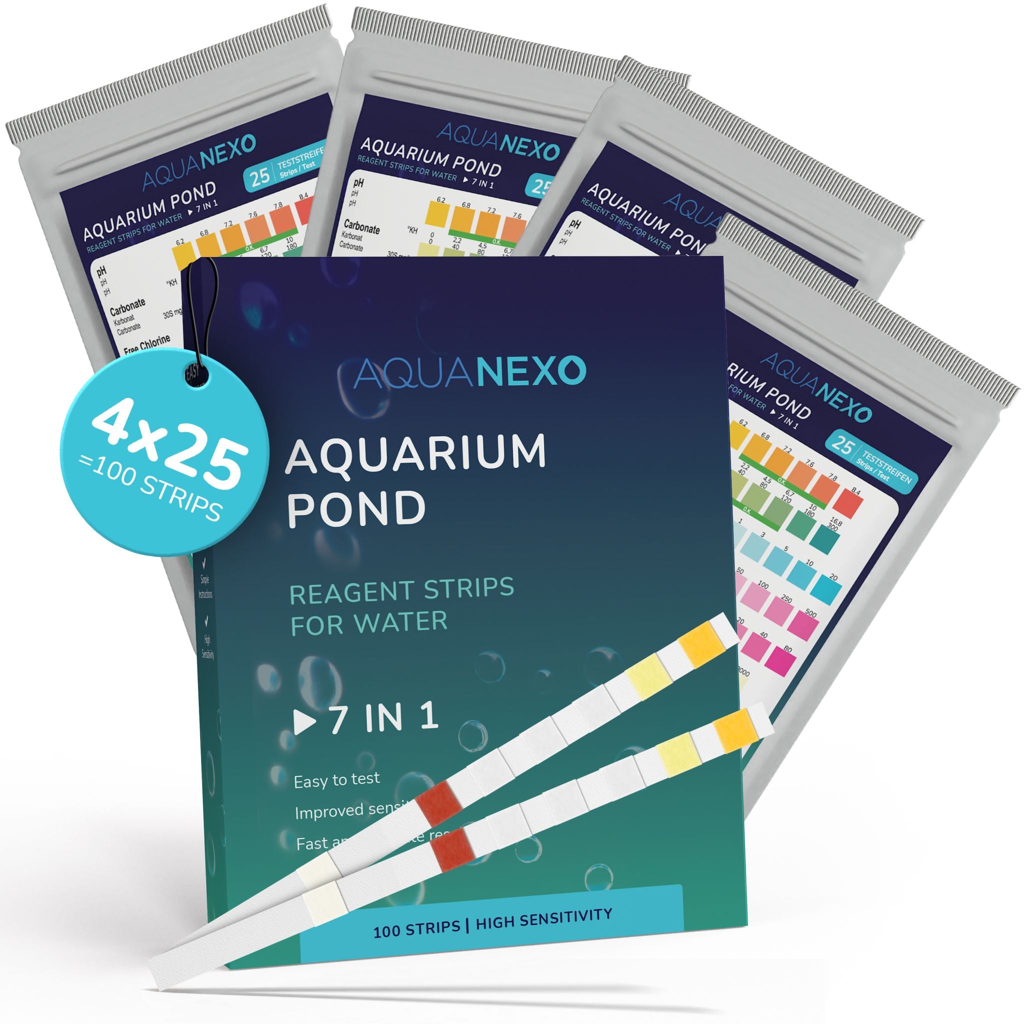 Aquanexo 7-in-1 Aquarium Teststreifen – 4x25 Streifen Packung