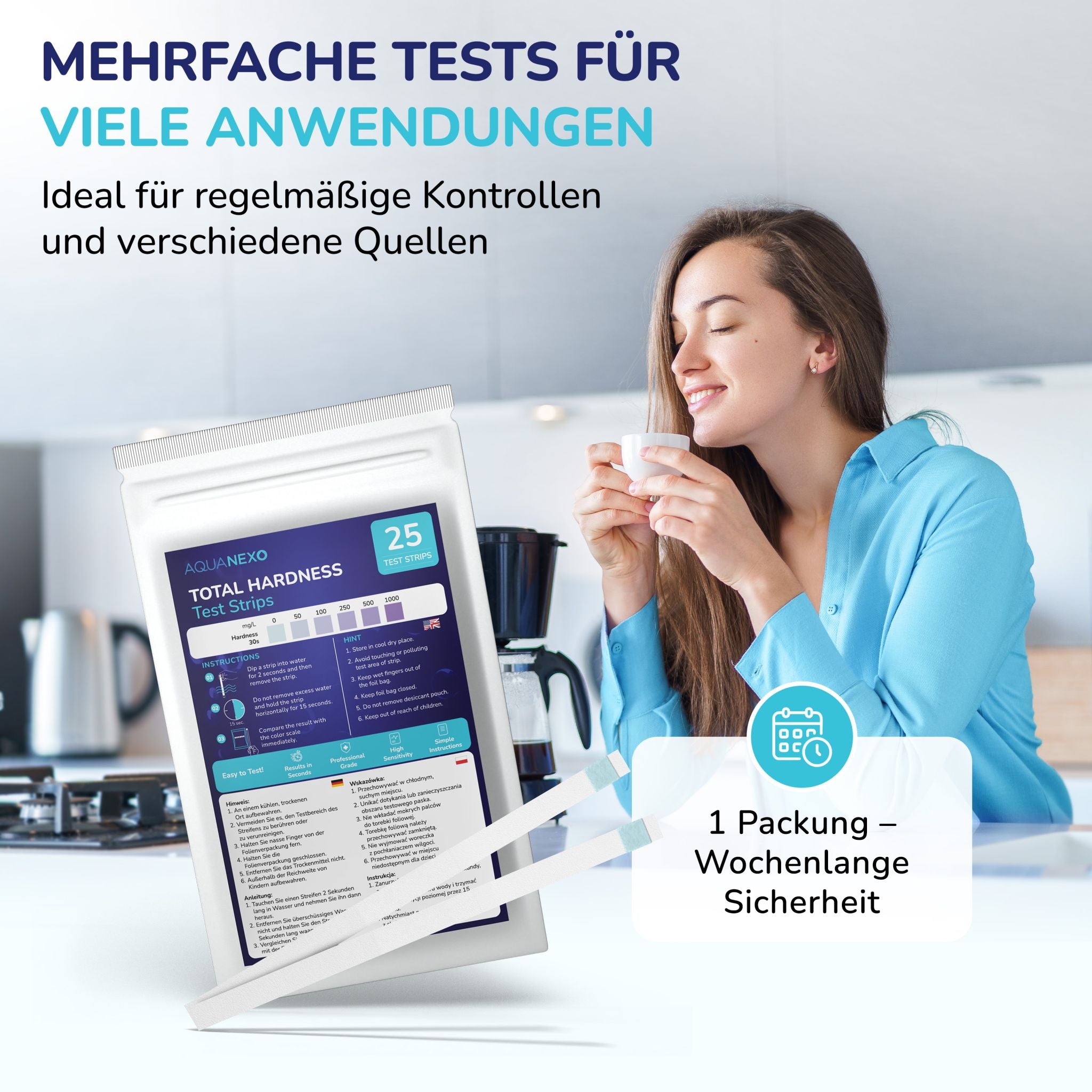 Frau prüft Wasserhärte für die Kaffeemaschine – 25 Tests pro Packung