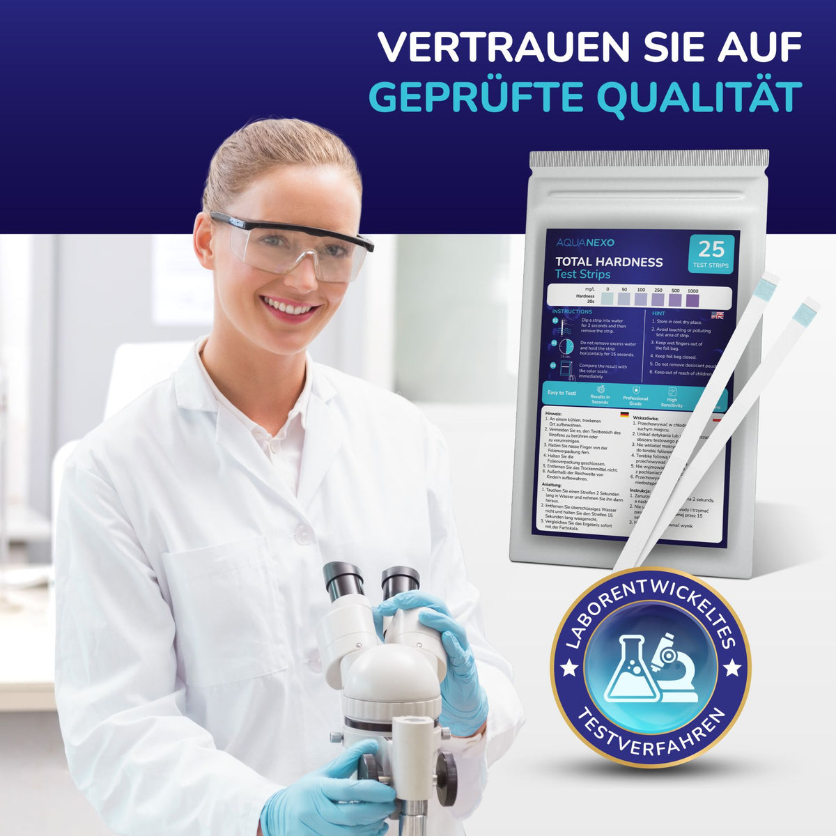 Laborentwickeltes Testverfahren – geprüfte Qualität der Aquanexo Teststreifen