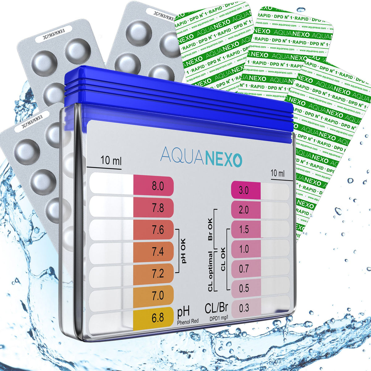 Aquanexo Pool Schütteltester mit Messkammern und 60 Testtabletten