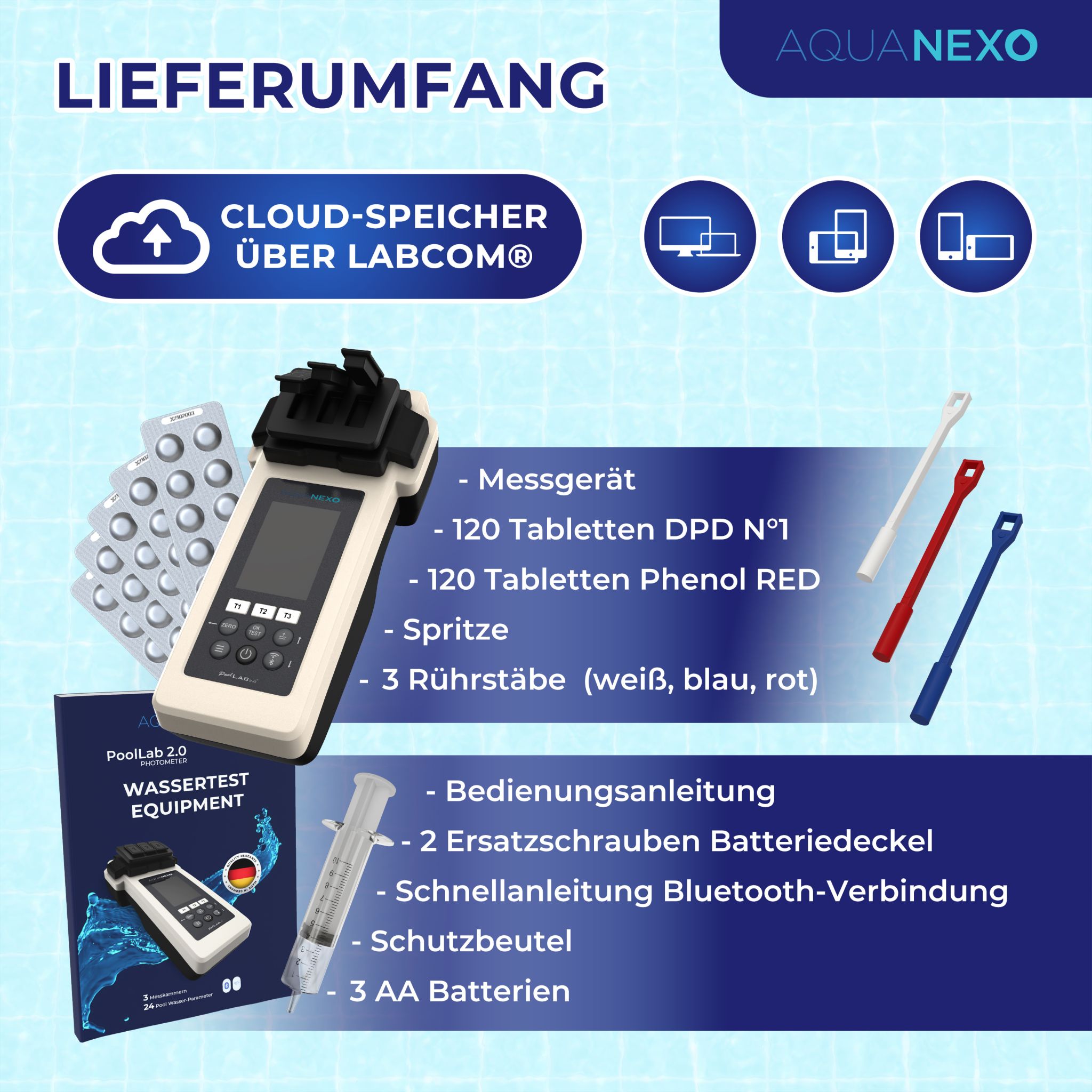 Lieferumfang: Messgerät, 120x DPD N°1, 120x Phenol Red, Spritze, 3 Rührstäbe, Batterien