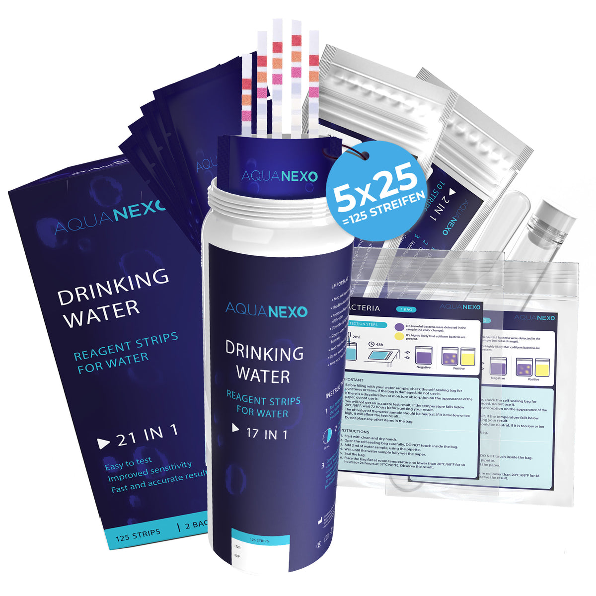Aquanexo 21-in-1 Set – 125 Teststreifen plus Spezialtests in der Dose