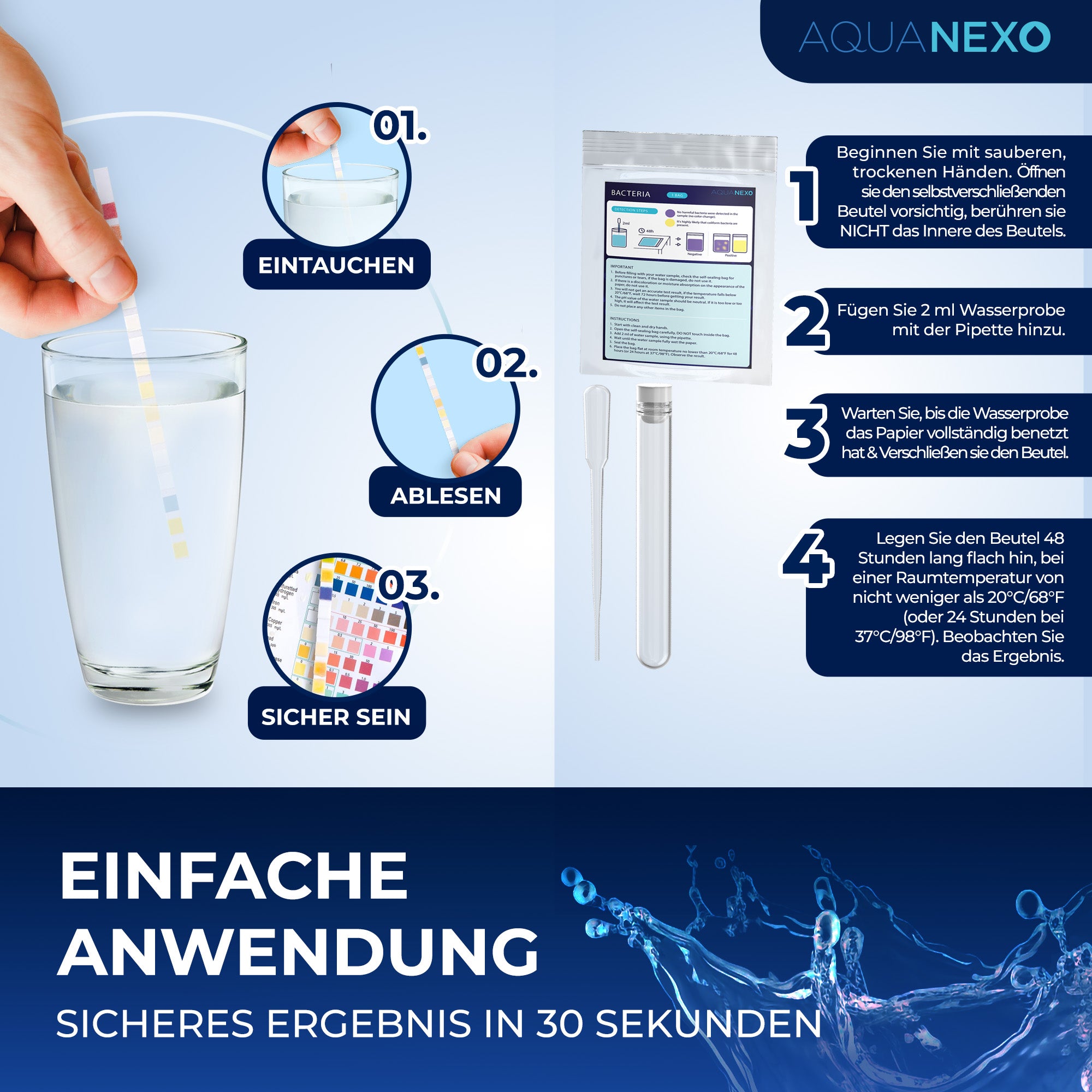 Einfache Anwendung: eintauchen, ablesen, sicher sein – Ergebnis in 30 Sekunden