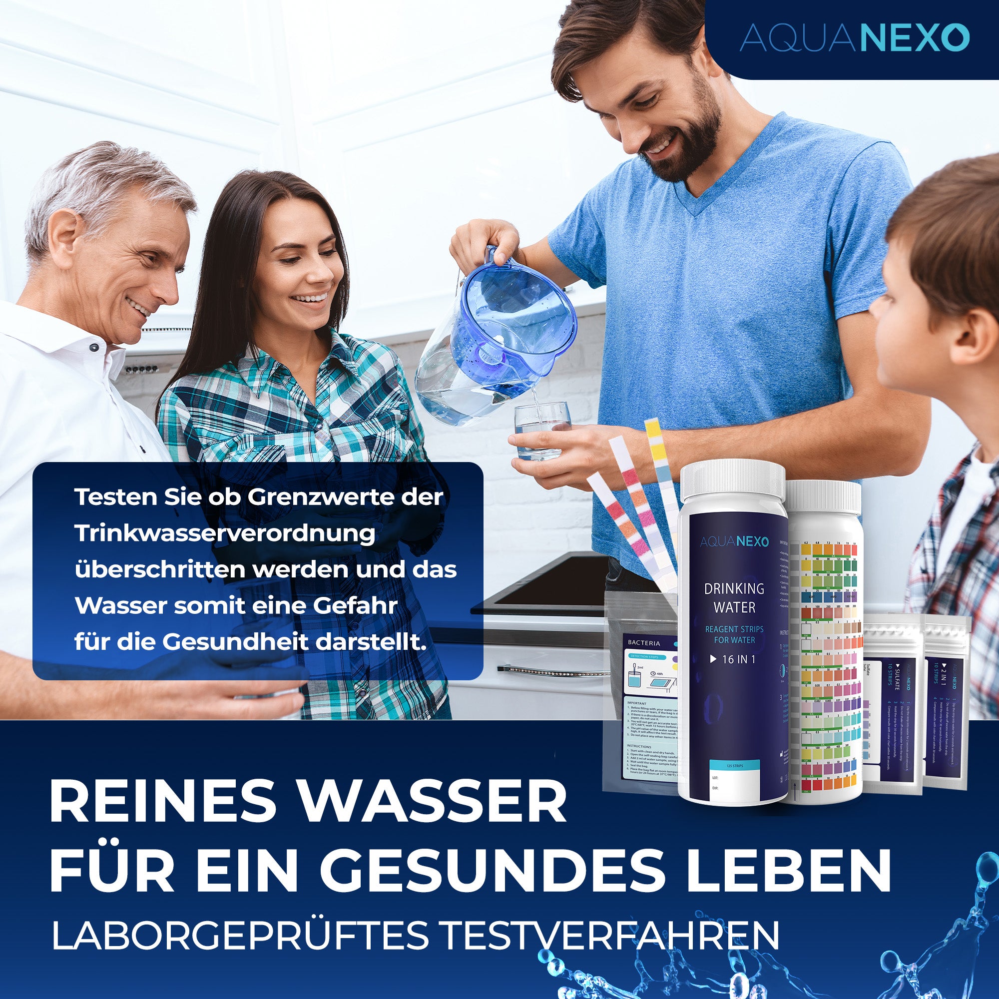 Familie testet Trinkwasser auf Grenzwerte der Trinkwasserverordnung