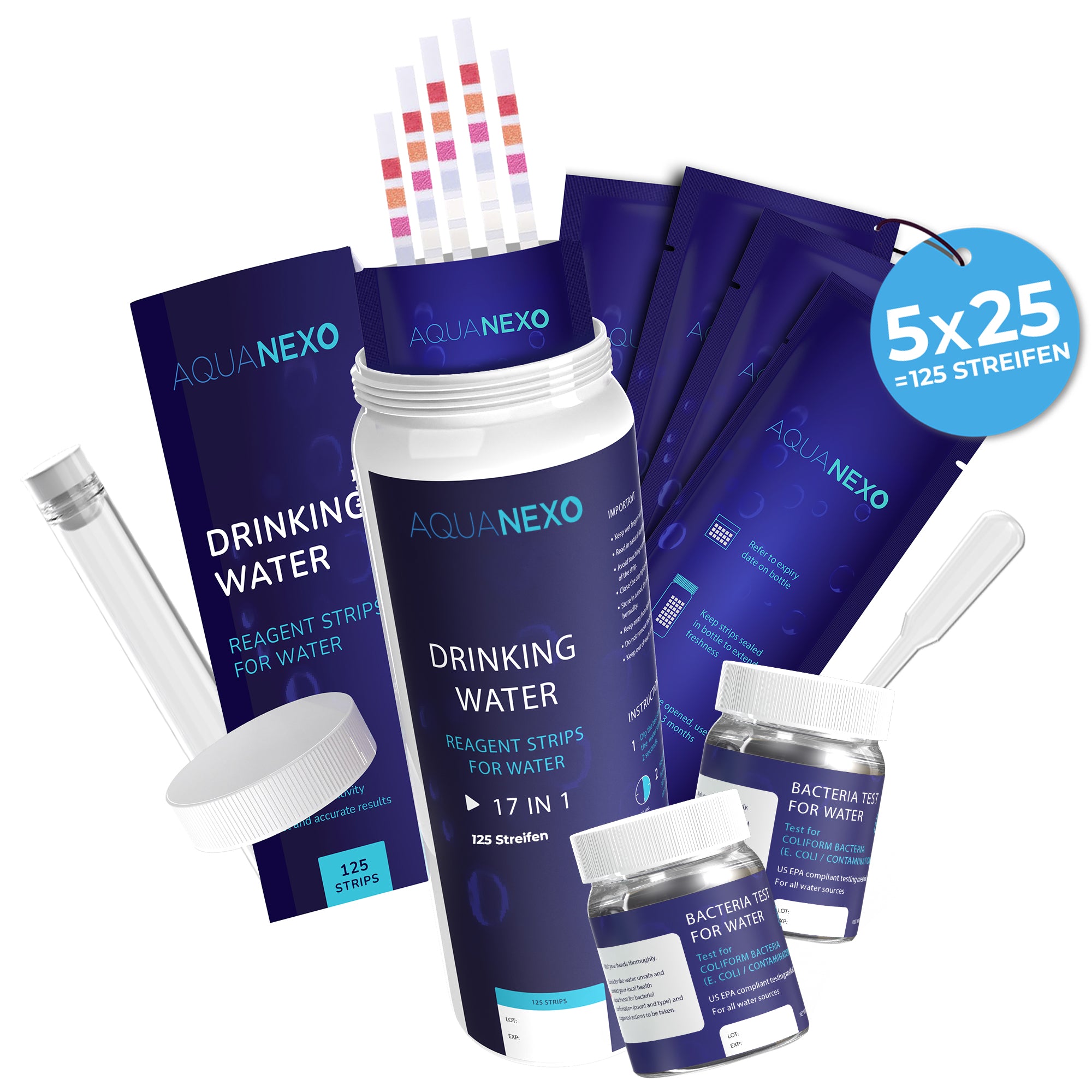 Aquanexo 18-in-1 Trinkwasser Test-Set – Verpackung mit 125 Teststreifen