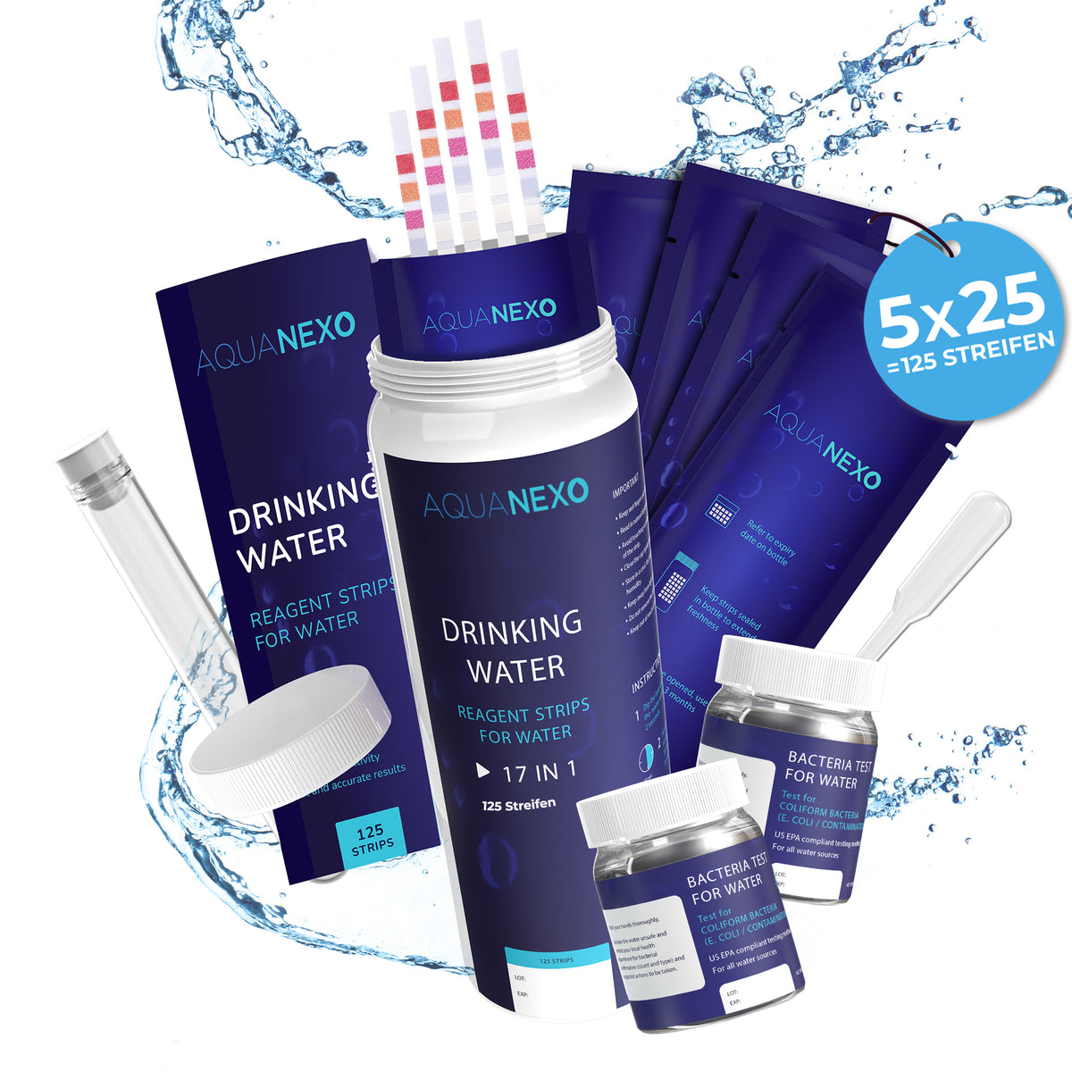Aquanexo 18-in-1 Trinkwasser Teststreifen – Set mit 5x25 Streifen und Bakterientests