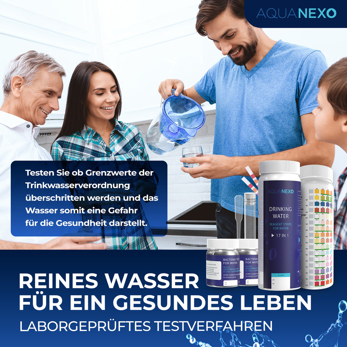 Familie testet Trinkwasser auf Grenzwerte der Trinkwasserverordnung